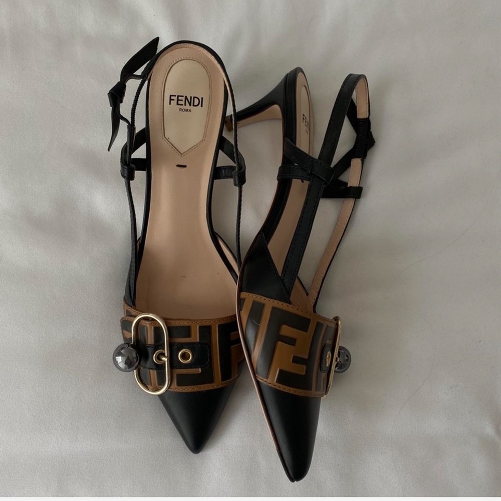 Fendi Black and Tan Heels with Logo Detail